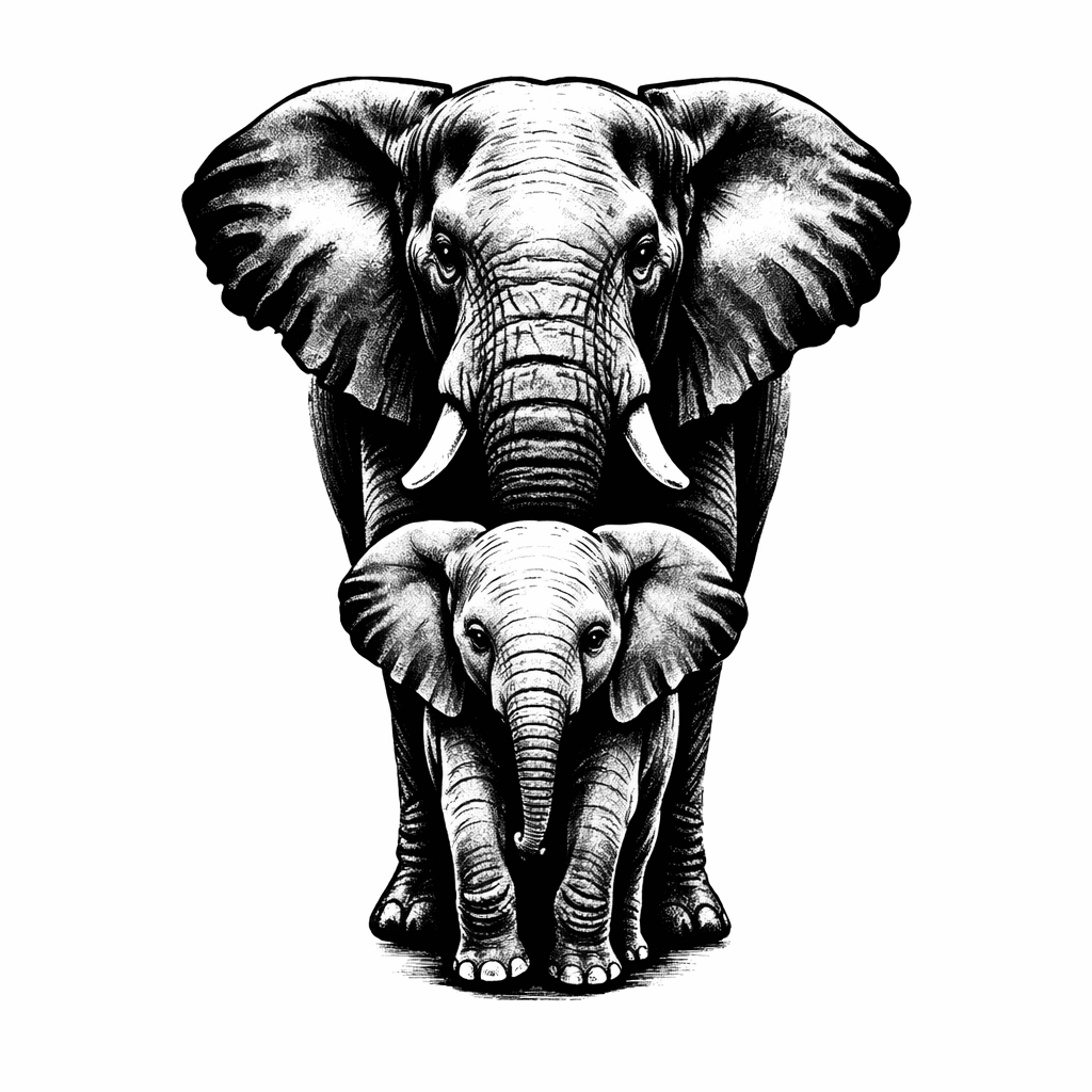 A Detailed Elephant With A Baby Elephant Front Front-facing