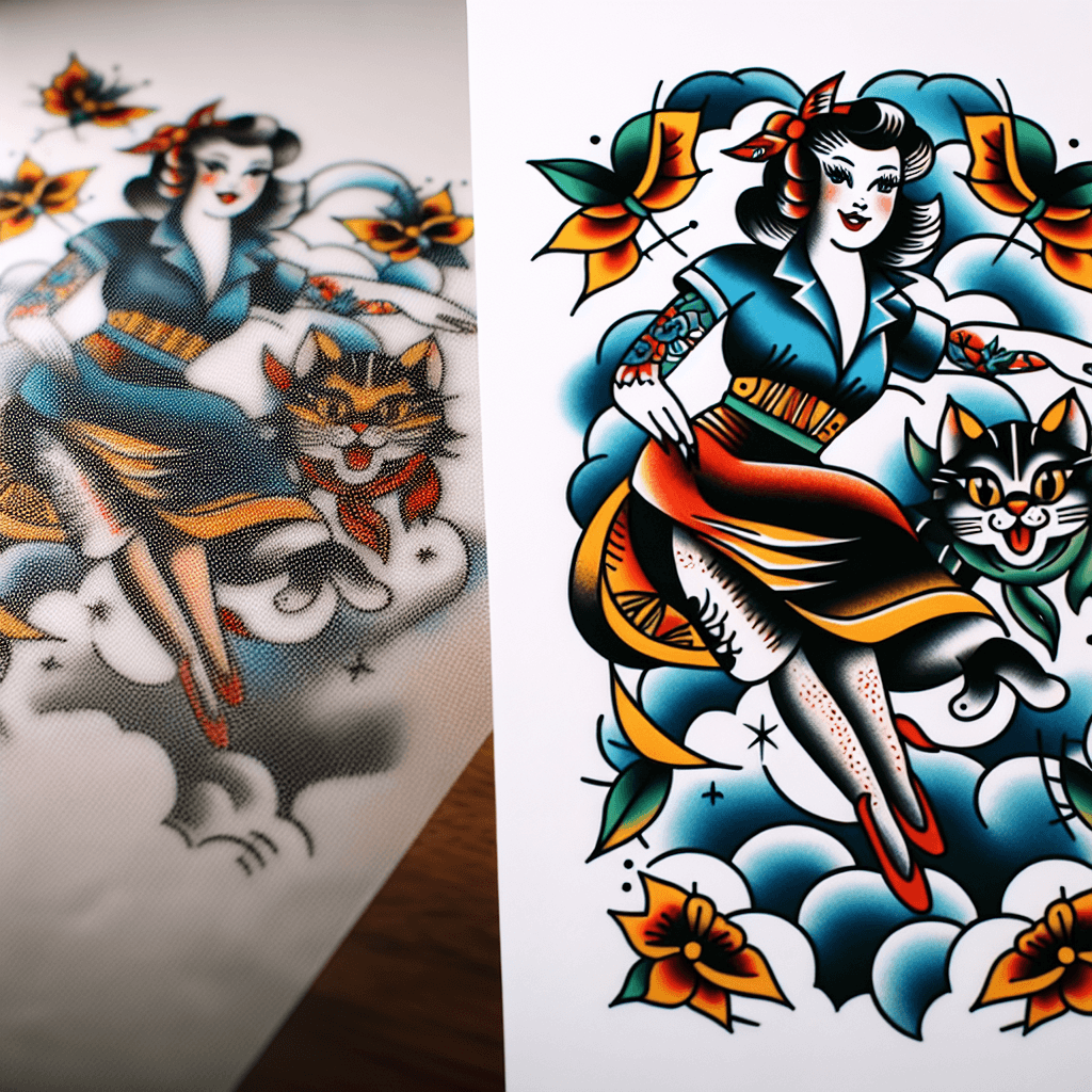 Traditional "flying pin up woman with 2 cats on her back" Tattoo Design