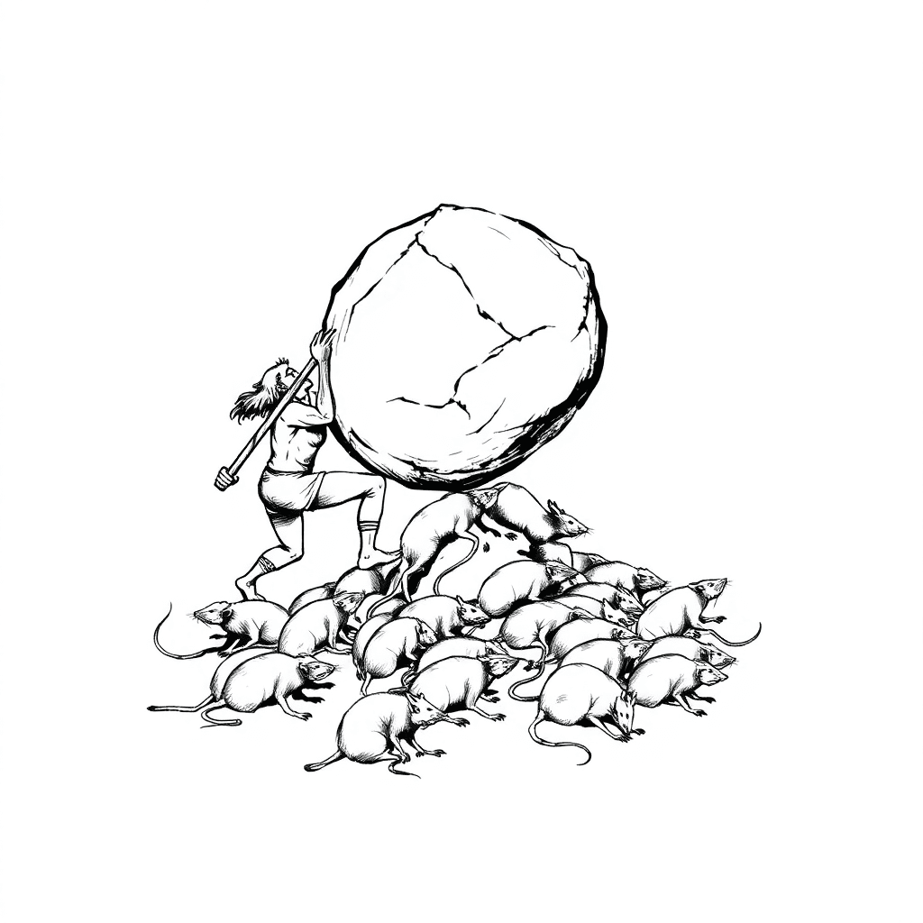 Sisyphus Pushing A Boulder Over An Army Of Rats, Lead By The Rat King.