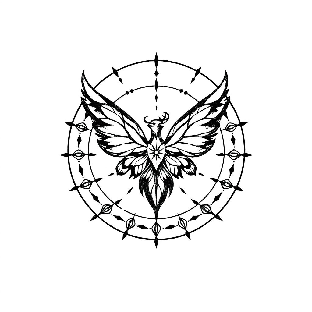 Sketch The Phoenix Or Butterfly In A Geometric Style At The Center, Surrounded By A Spiral Or Flower Of Life Pattern. Add Binary Code Or Pixel Patterns Around It To Enhance The Cybersigilis