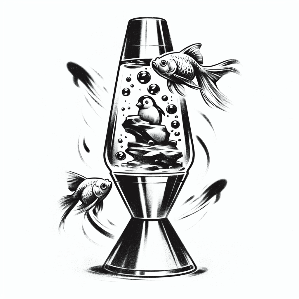 A 2-d Goldfish, Swimming Around A Small Penguin Statue Inside Of A Large Lava Lamp.