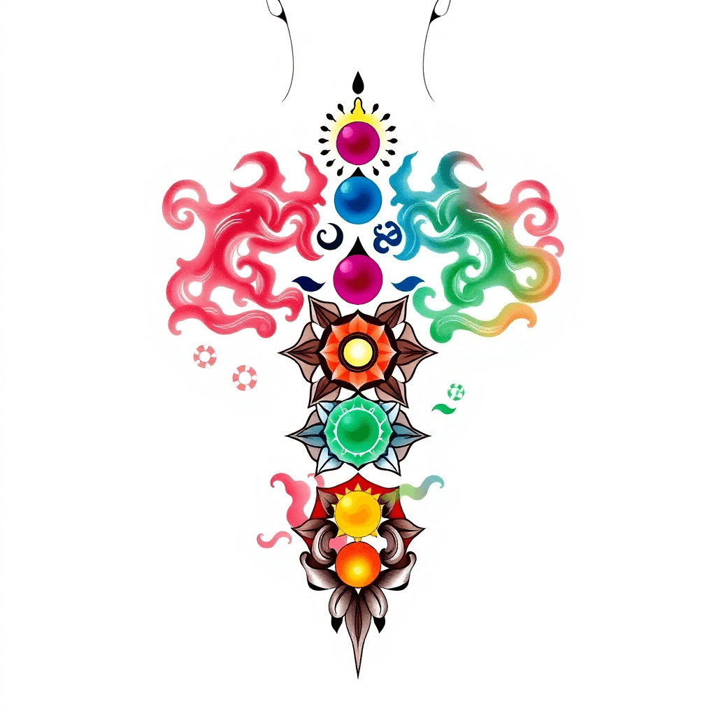 Create A Tattoo Design For The Back Of A Male, Featuring The 7 Chakras Aligned Along The Spine. Each Chakra Should Be Represented By Its Authentic Color And Symbol, Placed In Its Traditional Position