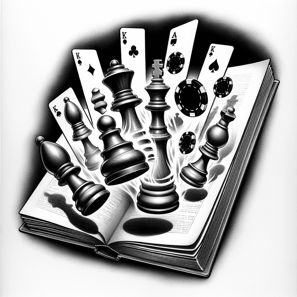 Chess Pieces And Poker Chips Magically Floating Up Out Of An Antique Book With A Border