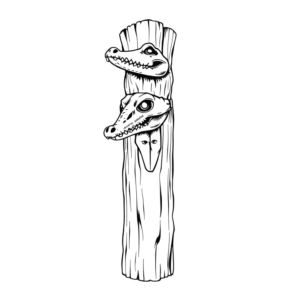 # Wooden Totem Tattoo Design
- **base Structure**: Vertical Wooden Totem Pole With Visible Grain Texture
- **bottom**: Clearly Recognizable Crocodile Skull Mounted On The Totem
- **middle**: Glass Bo