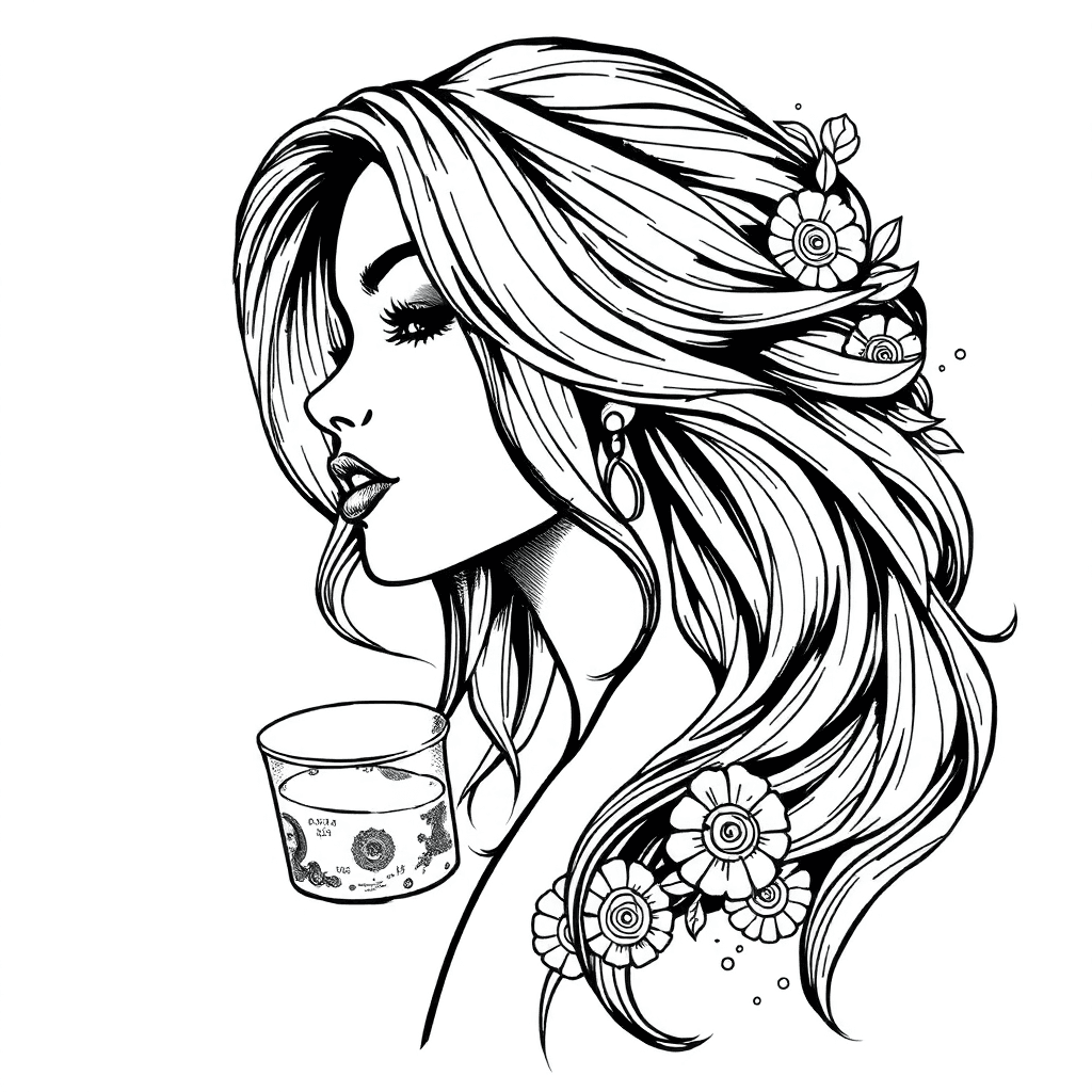 Make A Tattoo A Luxury Girl Surrounded By Dollar And Alcohol
 The Details Of The Hair And The Bend Of The Hair Should Have A Lot Of Texture
fill It With Patterns Decorated With Circles