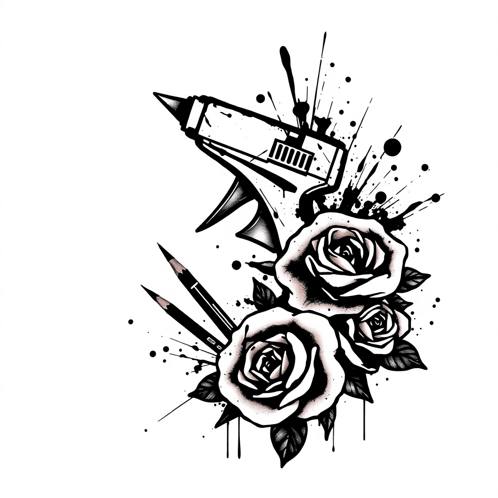 Hot Glue Gun/paint Brushes/ Colored Pencils / Needle And Thread/ Roses/ Black Splattered Paint