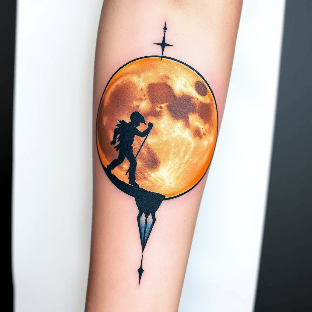 Forearm Tattoo Of Half Moon With Peter Pan Shadow