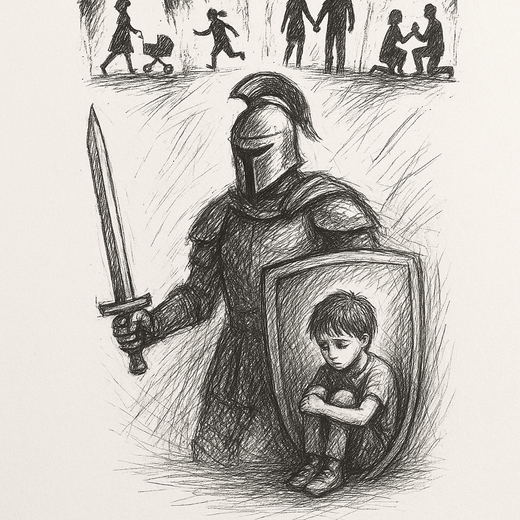 Hello, I Want A Tattoo Sketch, A Soldier On Guard With A Shield And Sword And Helmet, But Instead Of A Heart, There Should Be A Frail Little Boy, And Above The Soldier, There Should Be Moments Of Life
