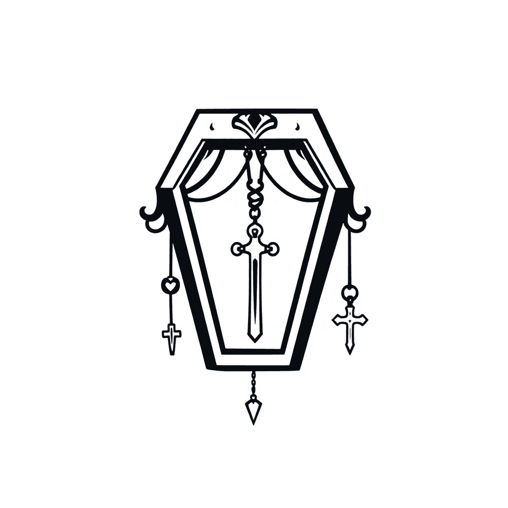 Logo Design Of A Translucent Stencil For A Tattoo Of A Glamorous Kawaii Style Vampire Coffin Thats Pastel Goth Glam Horror With Dangling Glamorous Vampire Pendants Such As A Wooden Stake, Crucifix,