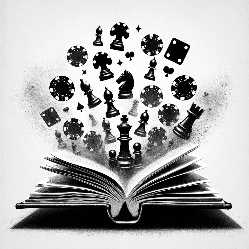 Poker Chips And Chess Pieces Starting Small And Gradually Growing Bigger Floating Out Of An Old Book With Fog All Around