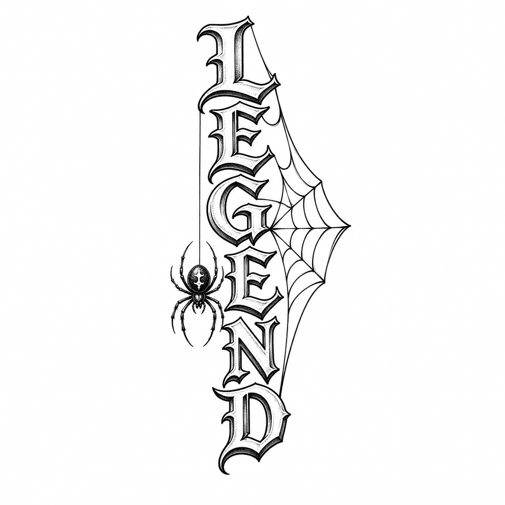 Tattoo Saying Legend Vertically With Spider Web Hanging Off The Letters And Spider Around The Tattoo