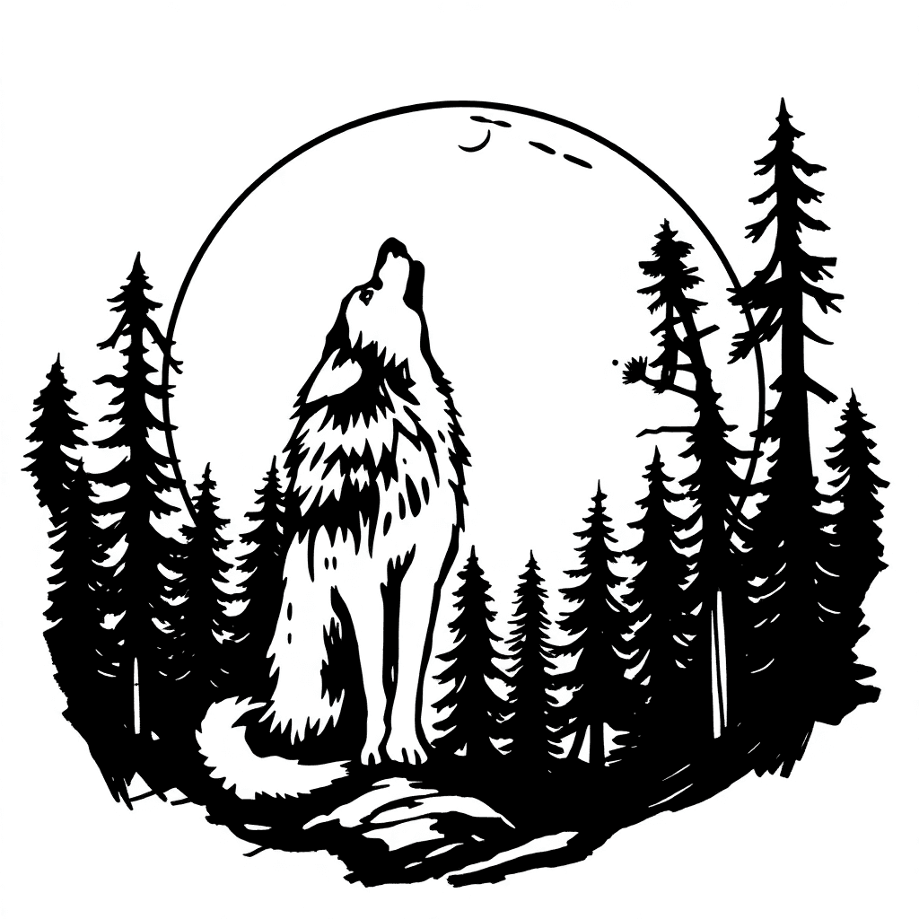 "a Wolf Howling At A Moon Surrounded By Forest Trees, Symbolizing Wildness And Solitude."