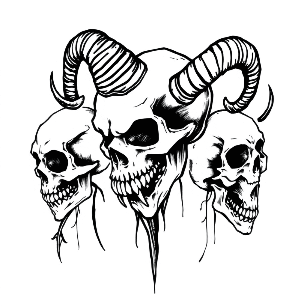 Half Sleeve Gothic Style Tattoo With Demonic Skull And Human Skulls. Demonic Skull Is Larger And Has Goat Horns And Large Fangs