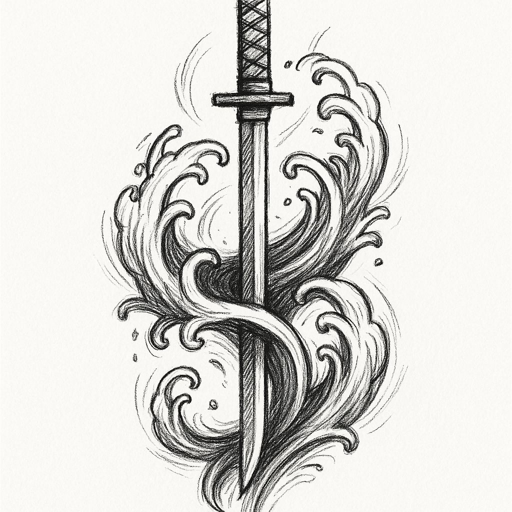 Water And Sword Japanese Art On Forearm Tatoo