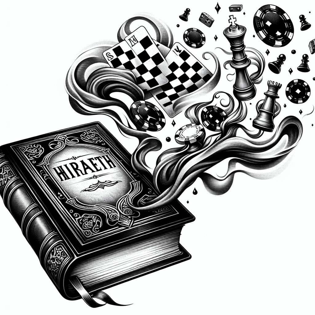 A Antique Book Titled “hiraeth” With Poker Chips And Chess Pieces Rising Up And Floating Out With Smoke Intertwining
