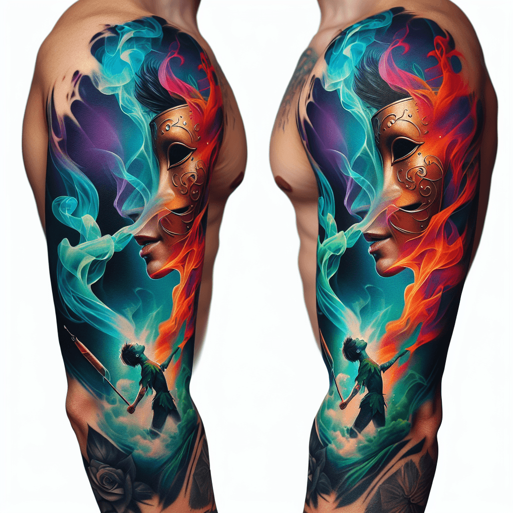 Back Of Forearm Tattoo Of Smoke Turning Into A Theater Mask With Peter Pan