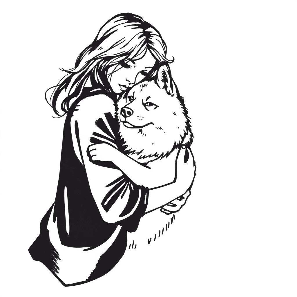 Woman Hugging Akita Dog, Fine Single Line