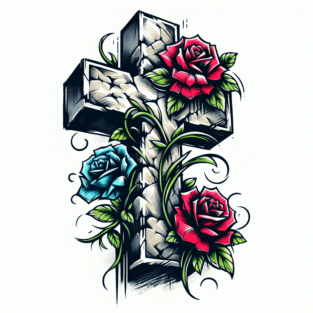 Stone Cross With 3 Roses And Vines Growing On It