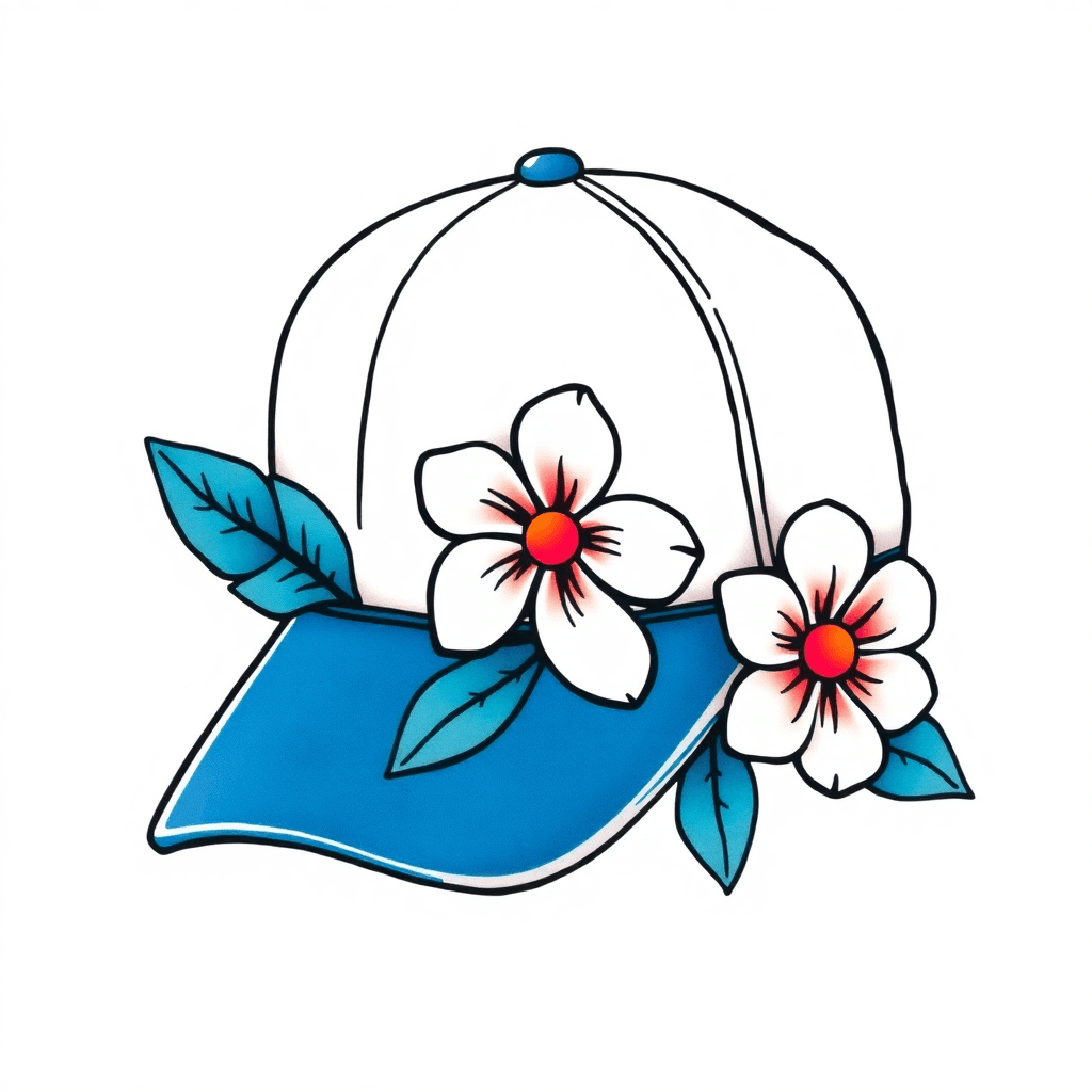 A Blue And White Sports Hat With A Flower