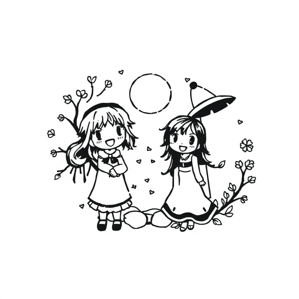 A Whimsical Anime-inspired Depiction Of The Four Seasons In A Blackwork Style