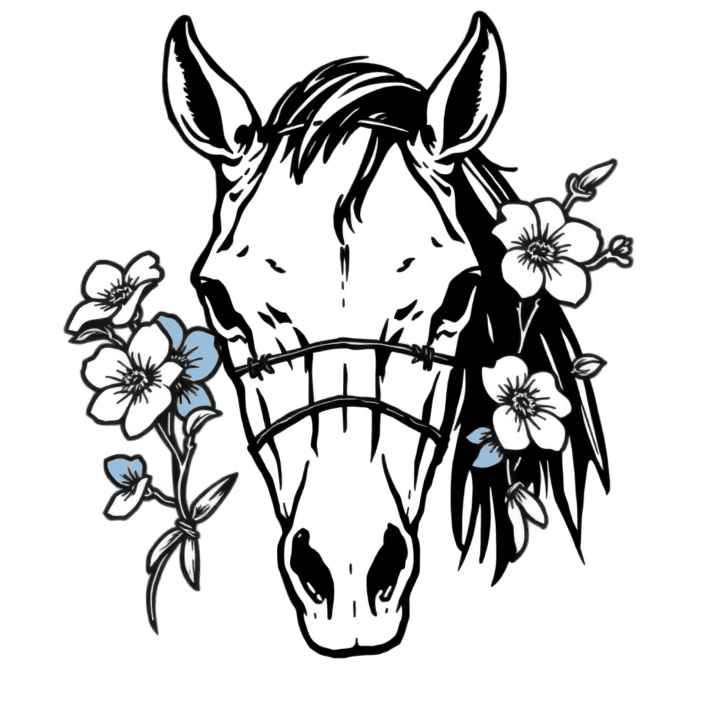 A Horse Skull With Barbed Wire And Blue Bonnets