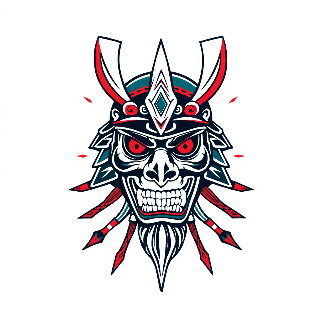 Japanese Warrior Mask, Mushu, Skull, Geometric Lines.