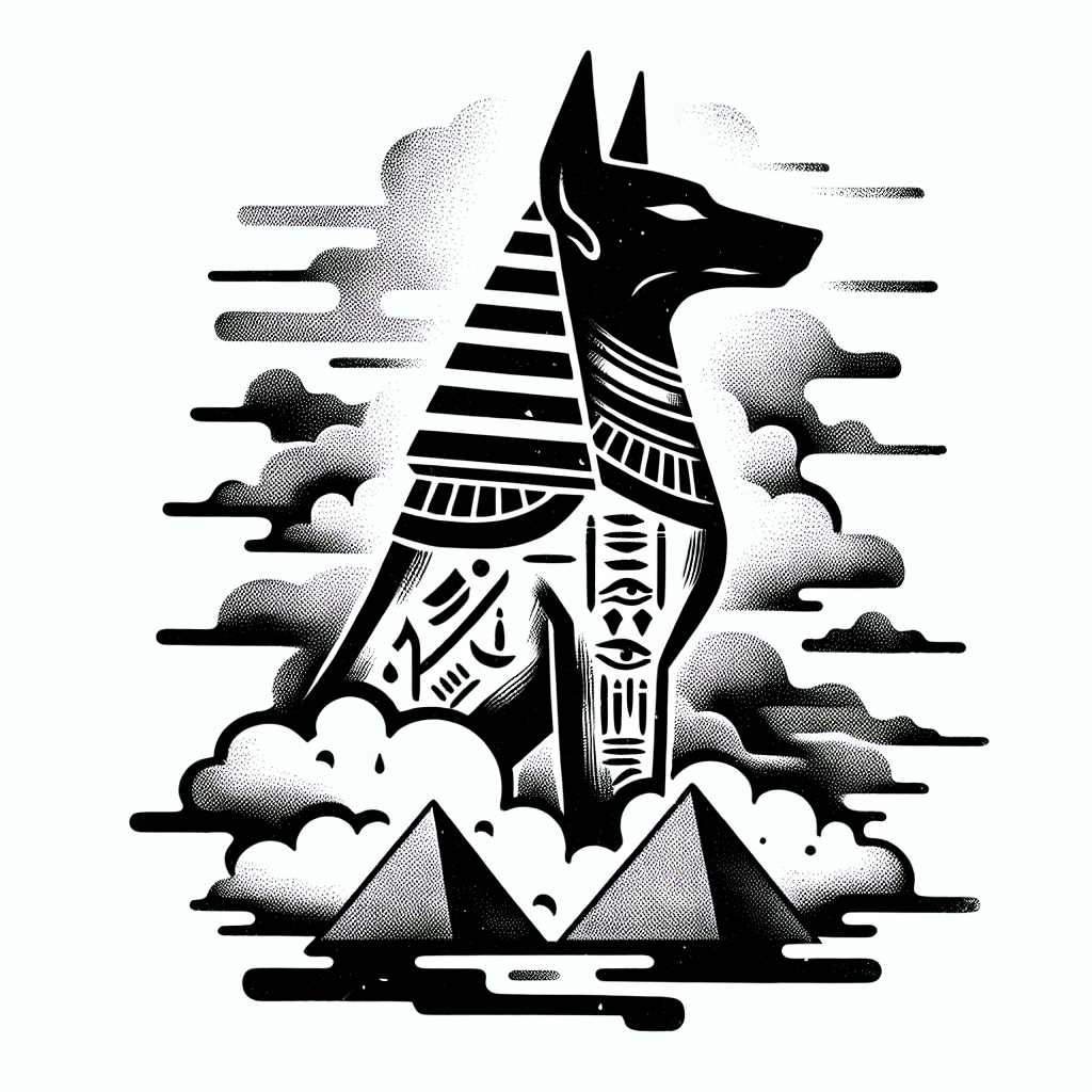 Anubis In A Cloud Hovering Over Top Of The Great Pyramids With Hieroglyphics On The Outside Of The Pyramids.