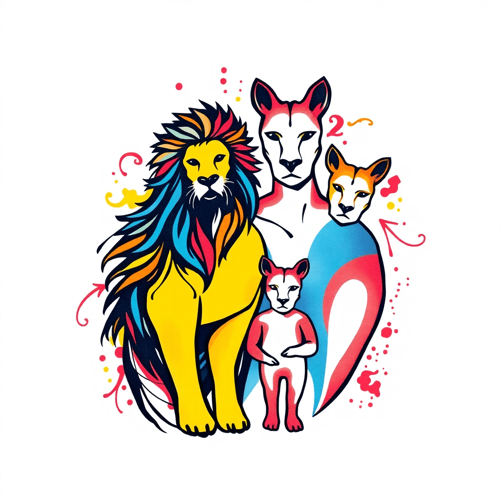 Família De Leões Um Leao Uma Leoa E Duas Leoas Filhotes