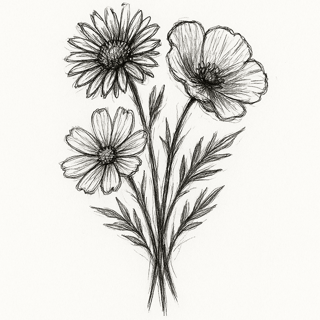 A Bouquet Of Aster, Poppy, And Cosmo Flowes