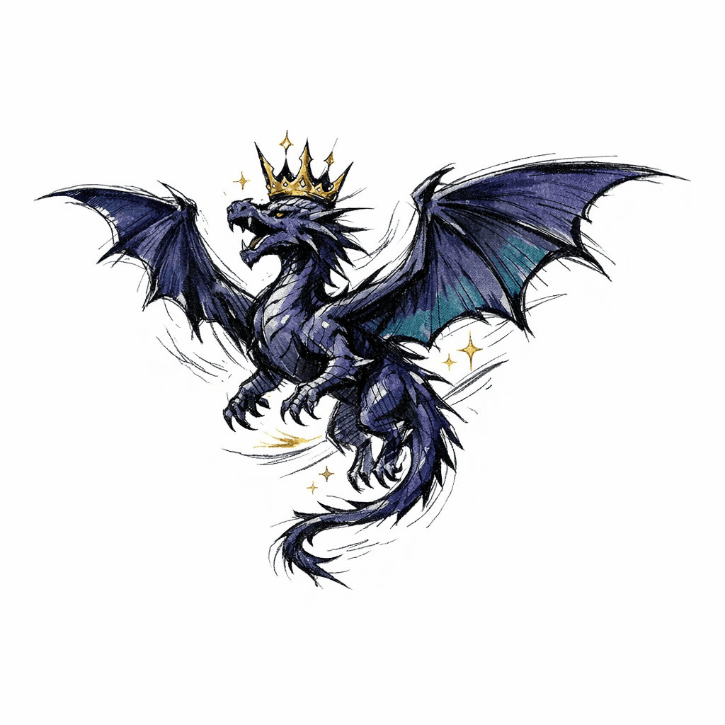 Dragon Flying Dark Blue Dark Purple Sudo Crown Fine Line Gold And Dark Teal Highlights Less Surpent Soaring.
