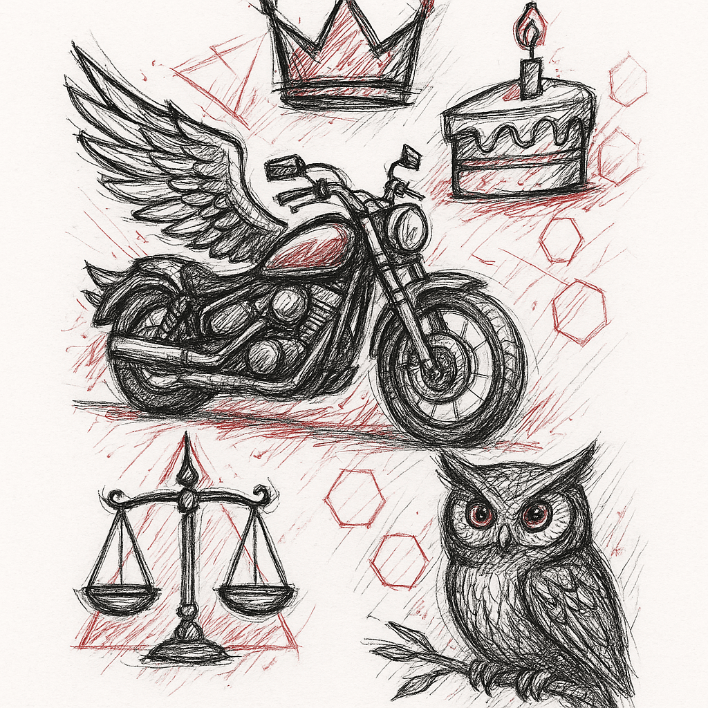 Motorbike With Wings, Crown, Cake, Scales, Owl. Lines, Triangles, Hexagons. Black And Red Colors Tattoo