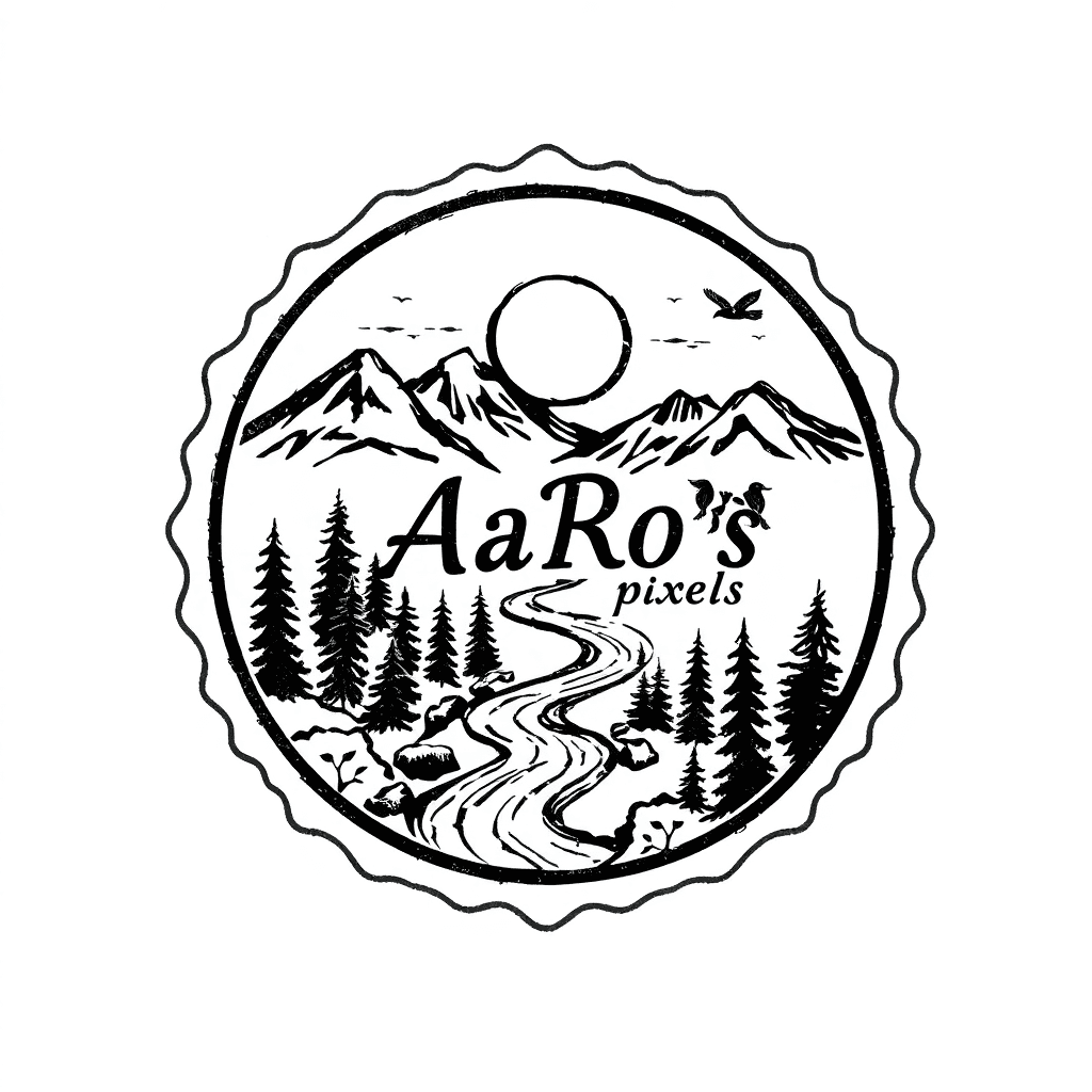 Stamp Design With Mountains, River, Sun, Birds, Forest With Words ' Aaro's Pixels ' In It