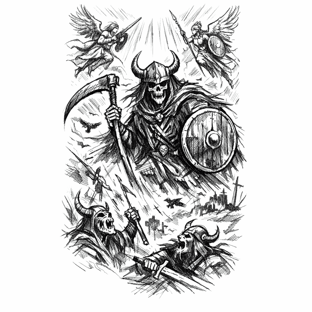 A Norse Grim Reaper At War In A Battle Of Good Vs Evil On A Sleeve