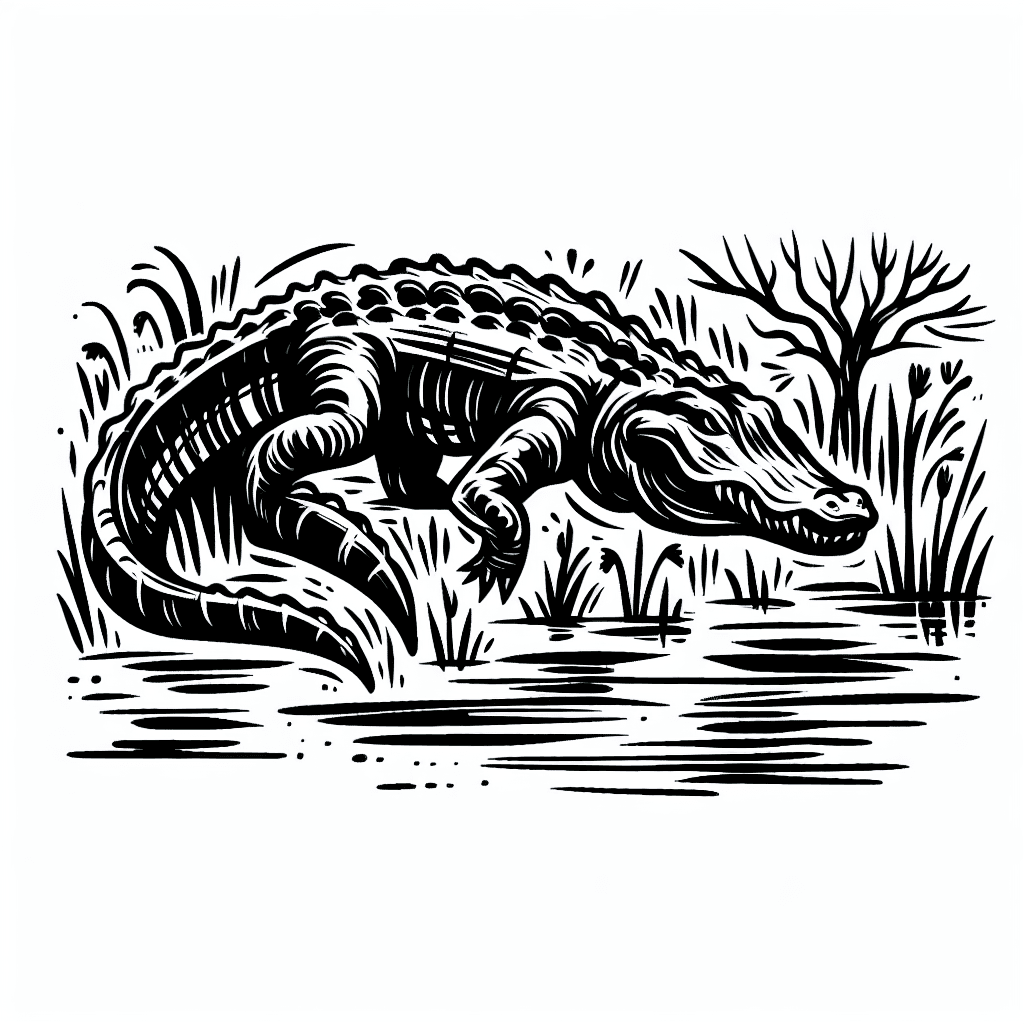 Minimalistic Alligator In Swamp Lineart