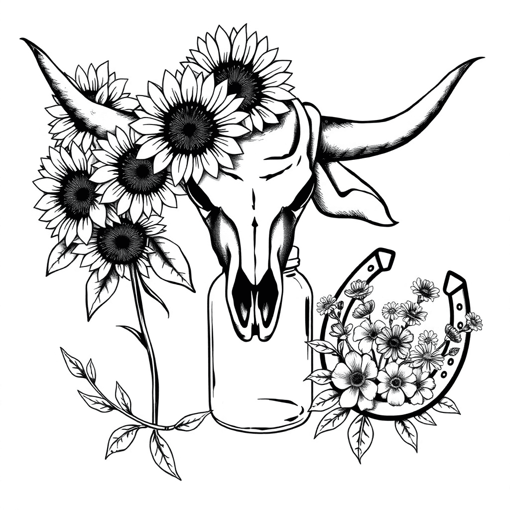 "a Rustic, Southern Punchy Half-sleeve Tattoo Design — Featuring A Weathered Cow Skull With Sunflowers, A Faded Bandana Blowing In The Wind, A Mason Jar Filled With Wildflowers, A Vintage Horseshoe Wr
