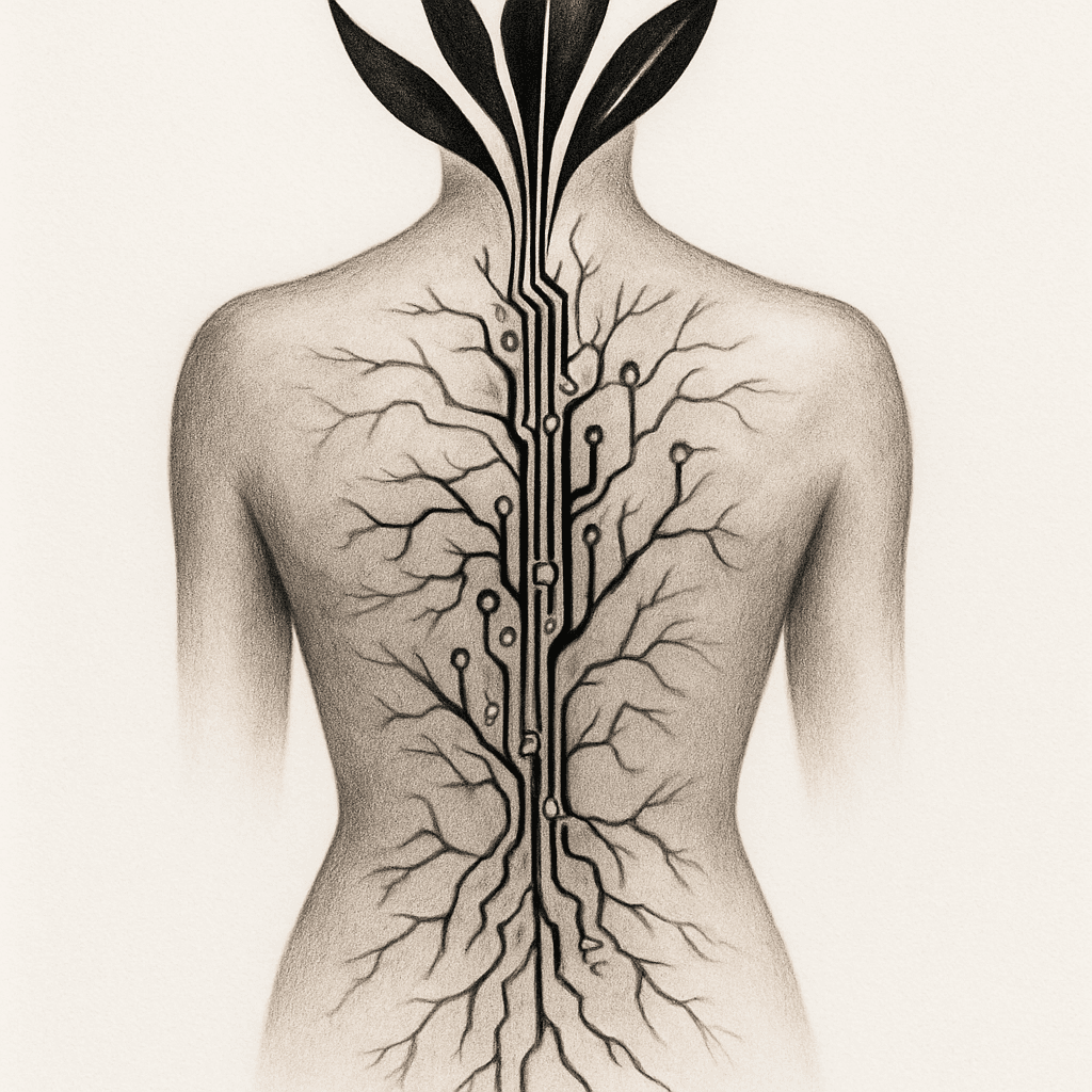 Back Tattoo With Organic Circuitry And Lightning Lines Growing From The Spine. At The Neck Transfroms Into Long Bladed Leaves