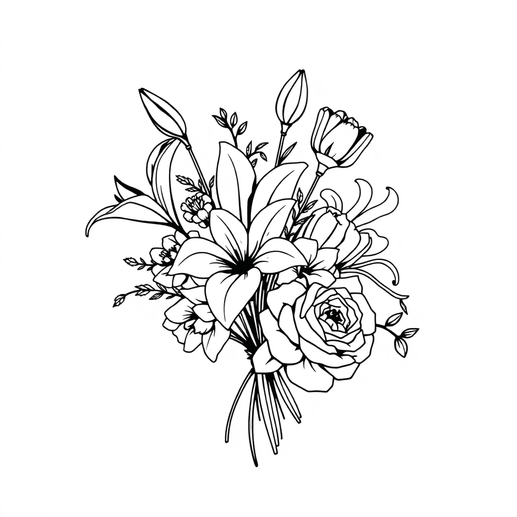 Bouquet White Lily, Easter Lily, Tulip, Red Carnation, Bear's Breech, Cornflower, Edelweiss
iris, Rose, Marguerite