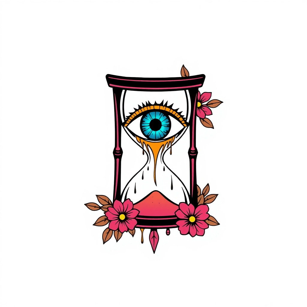 Stencil Of A Trippy Drippy All Seeing Eye Inside Of An Hourglass With A Warped Vortex Numerical Code Designs. Sticker Style. Feminine Floral Lillie Foliage