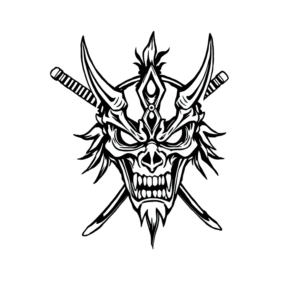 Oni Mask With Katana And Skull