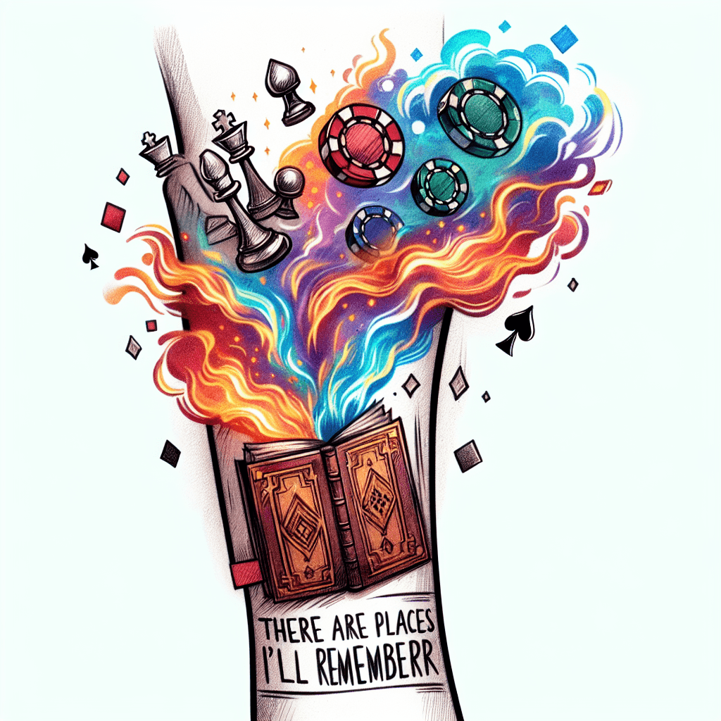 A Book Titled “hiraeth” Opened With Poker Chips And Chess Pieces Magically Flying Upwards With Smoke And A Fog Background And With The Words “there Are Places I’ll Remember” On Forearm