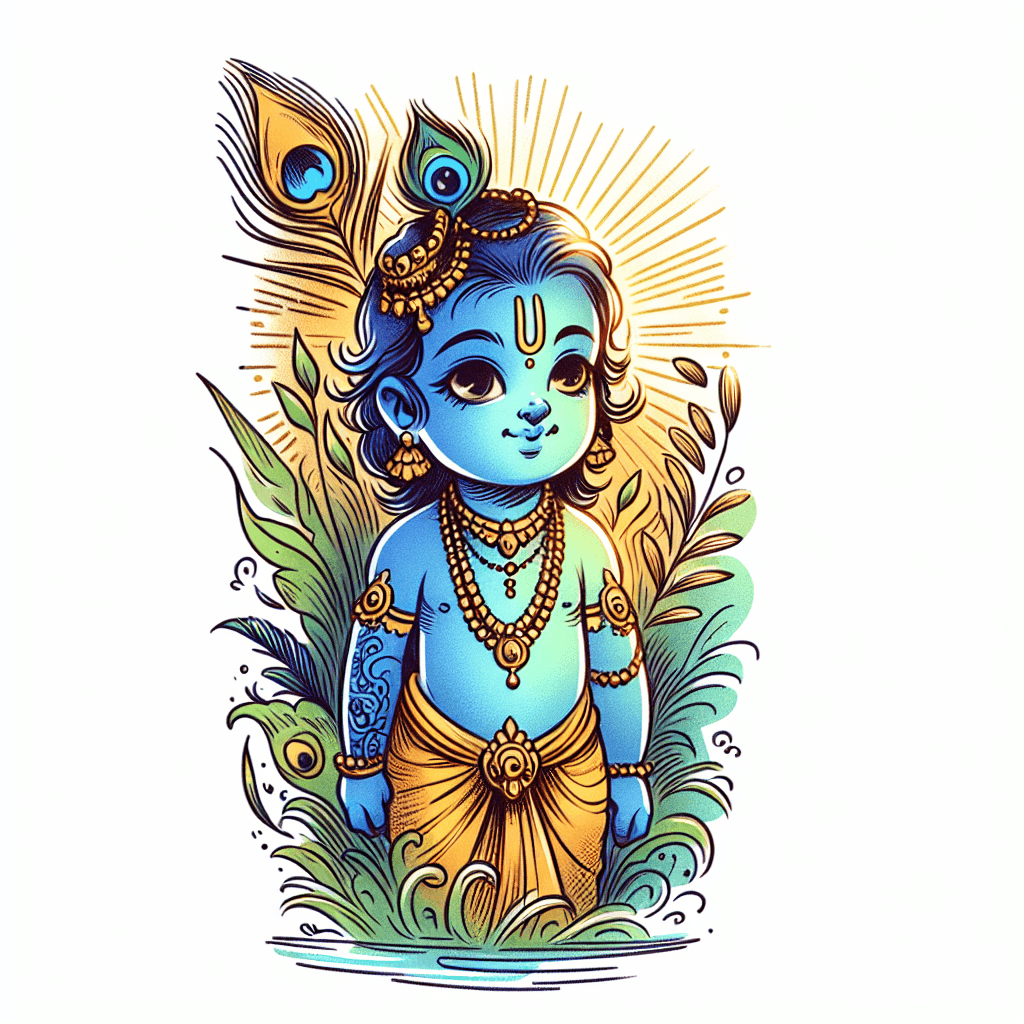A Little Indian Lord Krishna With A Unique Nature Landscape A Vibrant And Serene Landscape Featuring A Young Deity With Blue Skin And Golden Attire. The Deity Is Adorned With A Peacock Feather On His