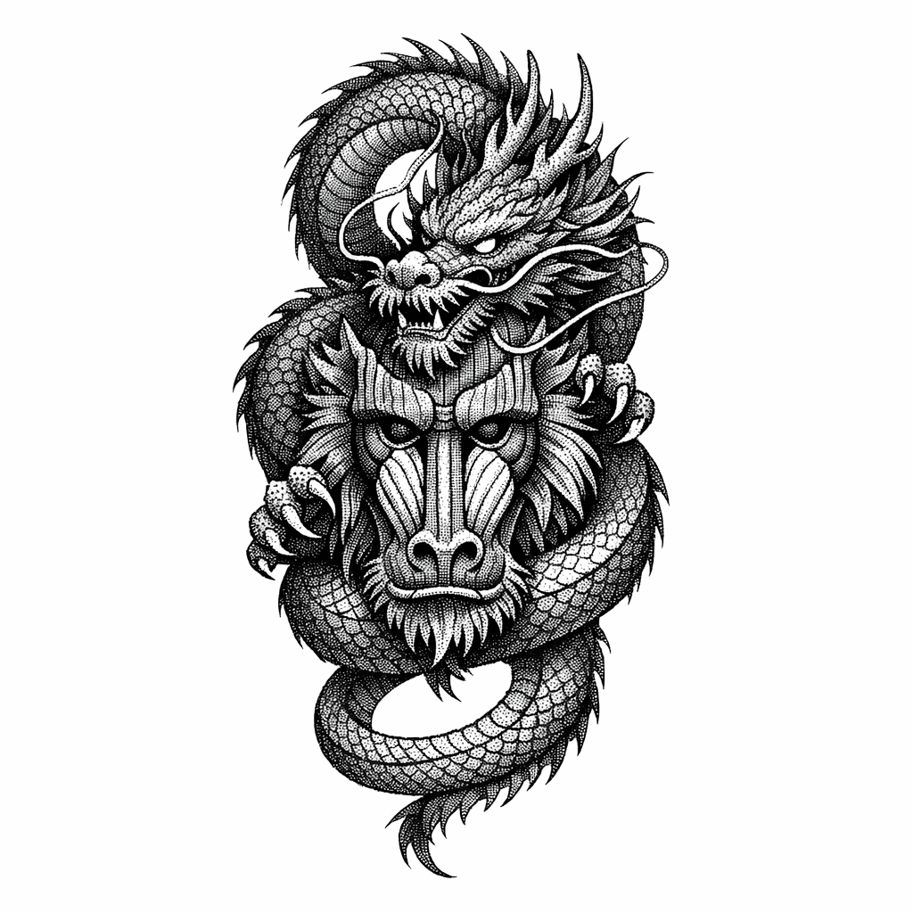 A Chinese Dragon With A Wooden Mask Of A Mandrill. On The Forearm. And The Dragon Would Circule Around My Forearm