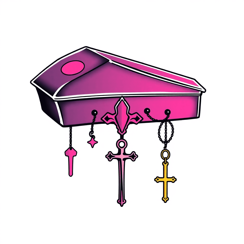 Logo Design Of A Translucent Stencil For A Tattoo Of A Glamorous Kawaii Style Vampire Coffin Thats Pastel Goth Glam Horror With Dangling Glamorous Vampire Pendants Such As A Wooden Stake, Crucifix,