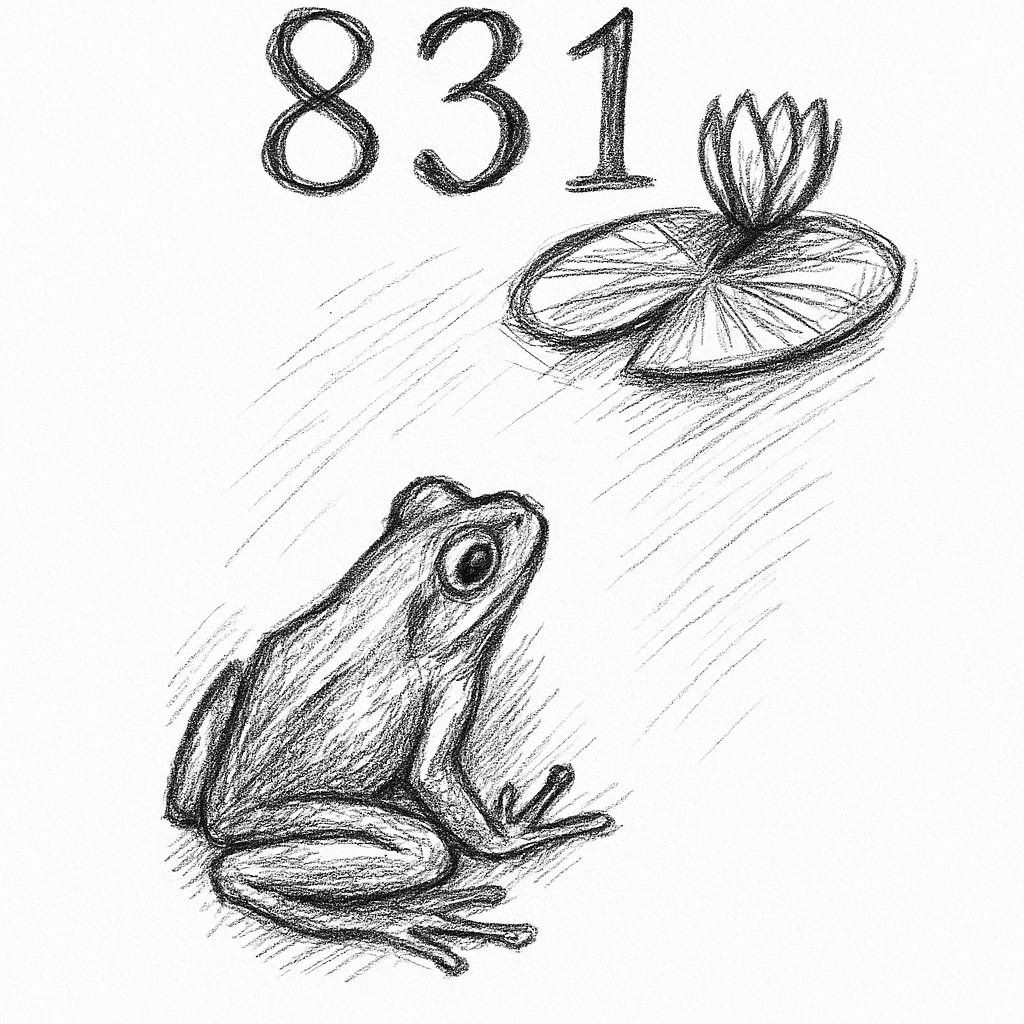"the Numbers “831” Are Elegantly Arranged In A Simple Font Lillypad In The Upper Right Corner And A Frog In The Lower Left Corner."