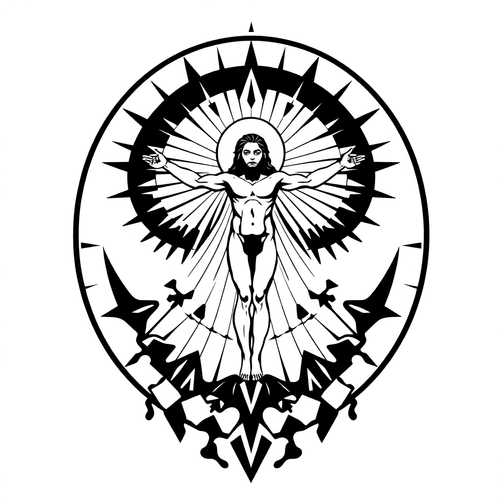 Vitruvian Man As The Center Piece. I Want The Background To To Represent All The Different Dimensions. I Want It To Be Simple And Black And White And Geometrical