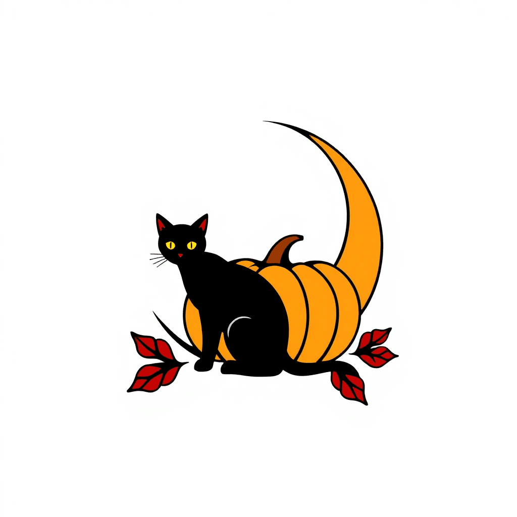 Harvest Crescent Moon With Pumpkin And Black Cat