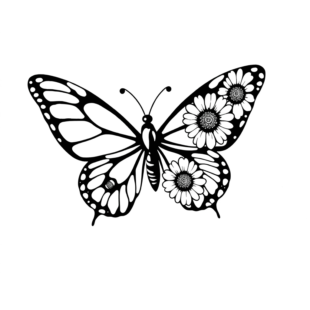 A Butterfly That Has One Regular Wing And One Wing Made Of Daisy Flowers