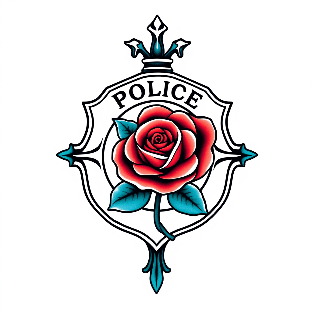 Traditional "Police department badge with rose" Tattoo Design