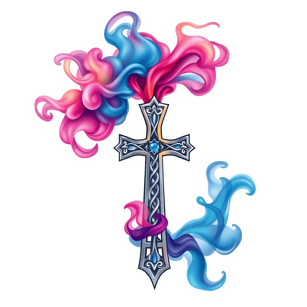 Forearm Tattoo Colored Smoke Turning Into Celtic Cross