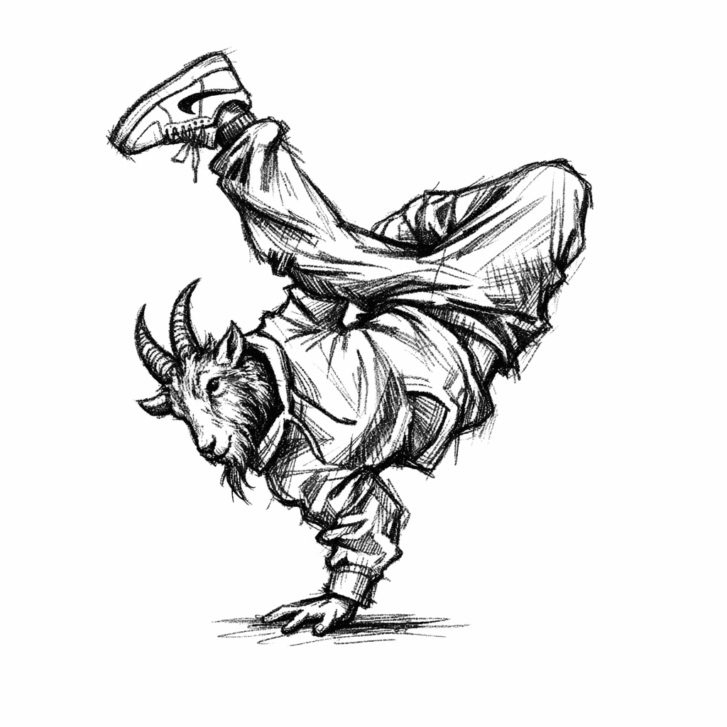 A Human Body With The Head Of A Goat And The Body Is Wearing A Baggy Hoodie And A Baggy Pants And Nike Air Force Sneakers With Frozen In A Breakdance Pose